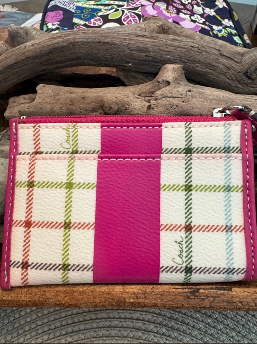 Coach Pink Plaid Zip Card Case Keyring